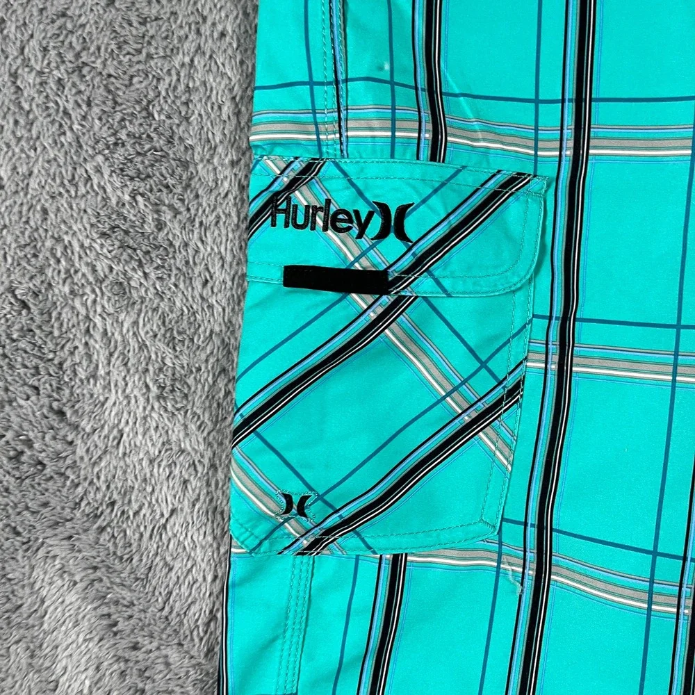 Hurley Board Shorts Mens 38 Teal Plaid 22 in Swim Trunks Drawstring